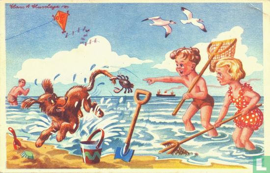 Kinderen aan het strand met hond met krab in staart  - Afbeelding 1