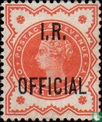 Koningin Victoria met opdruk "I.R. Official"
