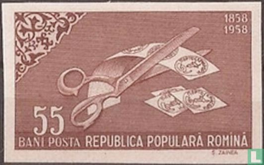 Scissors and postage stamps of 1858