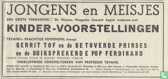 19510505 Jongens en meisjes - Een grote verrassing! De Nieuwe Haagsche Courant begint wederom met kinder-voorstellingen