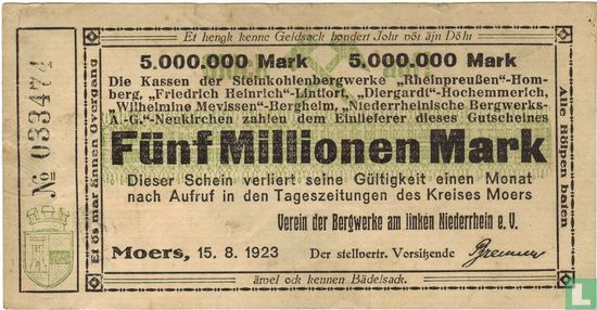 Moers, Verein der Bergwerke, 5 Miljoen Mark 15.08.1923 - Afbeelding 1