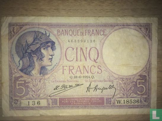 France 5 Francs 1924 - Image 1