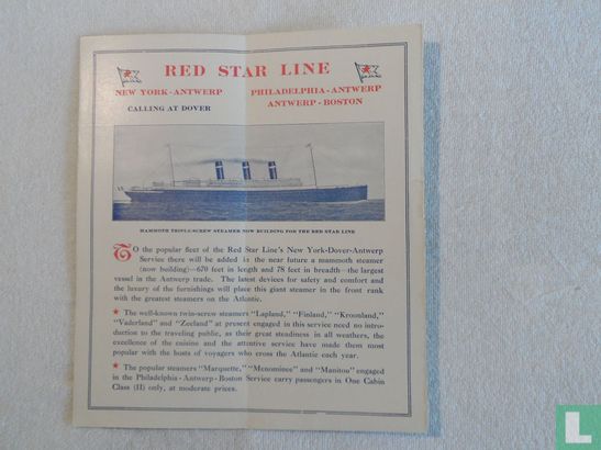 Red Star Line Proposed Sailings folder - 1913 - Image 2