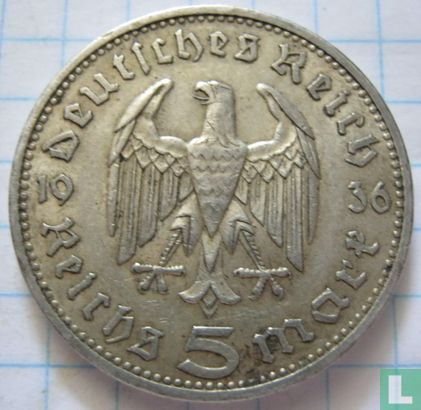 German Empire 5 reichsmark 1936 (without swastika - A) - Image 1