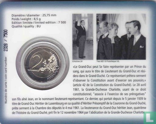 Luxembourg 2 euro 2011 (coincard) "50th anniversary Appointment of Jean of Luxembourg as lieutenant of Grand Duke" - Image 2