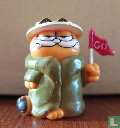 Garfield with raincoat, hat and flag