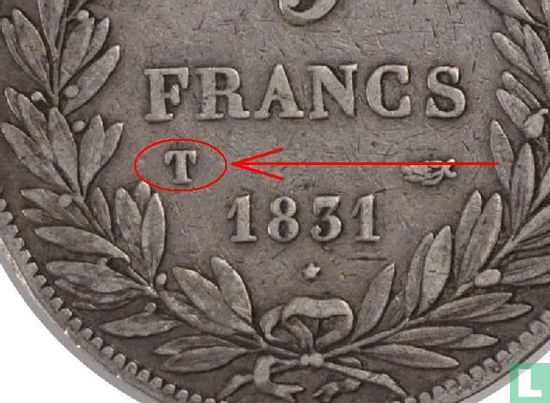 Frankreich 5 Franc 1831 (Vertieften Text - entblößtem Haupt - T) - Bild 3