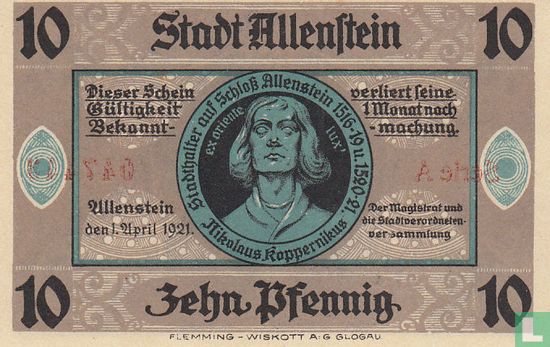 Allenstein, Stadt 10 Pfennig - Afbeelding 1