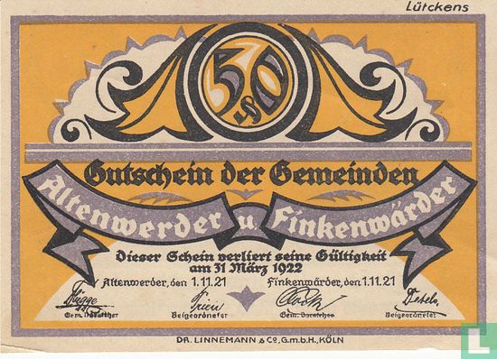 Altenwerder u. Finkenwärder - 50 Pfennig (3) 1921 - Bild 1