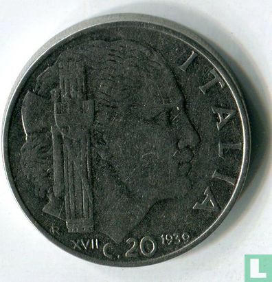 Italie 20 centesimi 1939 (magnétique - tranche striée - XVII) - Image 1