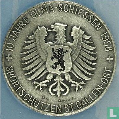 Switzerland  Silvered Shooting Medal St Gallen 10-Year Commemorative  1958 - Afbeelding 1