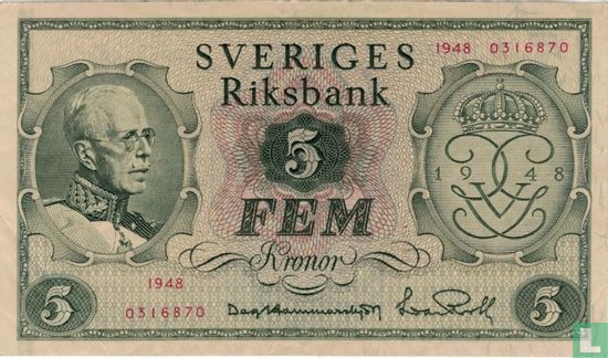 Sweden 5 Kronor 1948 - Image 1