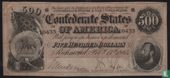 Confederate States of America  500 dollars  1864 - Afbeelding 1