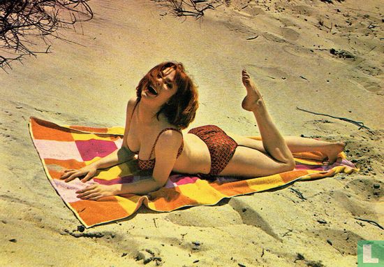 Vrouw in bruine bikini met motief op geblokte handdoek op strand  - Afbeelding 1