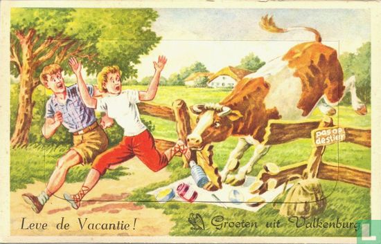 Stier achtervolgt picknickend stel - Afbeelding 1