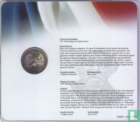 France 2 euro 2012 (coincard) "100th anniversary of the birth of Henri Grouès named L'abbé Pierre" - Image 2