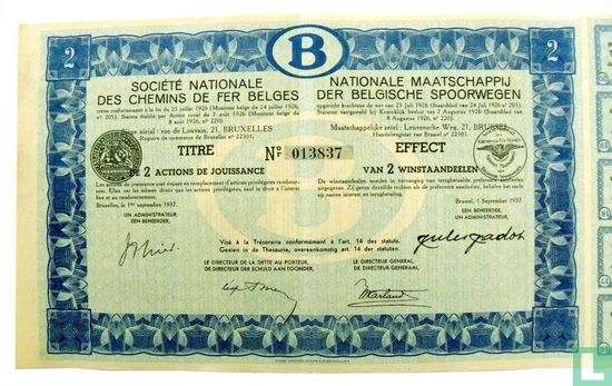 Nationale Maatschappij der Belgische Spoorwegen, Effect van 2 Winstaandelen, 1937  - Afbeelding 1