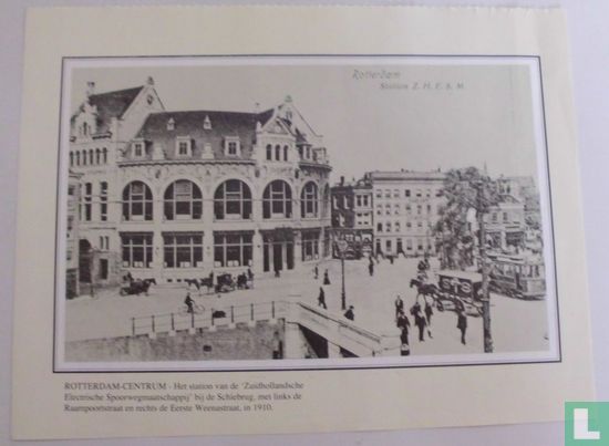 Rotterdam-Centrum - Het station van de 'Zuidhollandsche Electtrische Spoorwegmaatschappij' bij de Schiebrug, met links de Raampoortstraat en rechts de Eerste Weenastraat, in 1910.