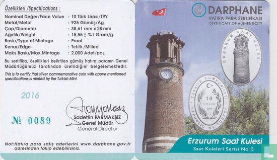 Turkije 10 türk lirasi 2016 (PROOF) "Erzurum Clock Tower" - Afbeelding 3