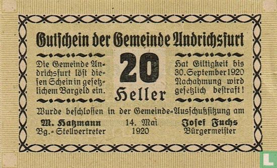 Andrichsfurt 20 Heller 1920 - Afbeelding 1