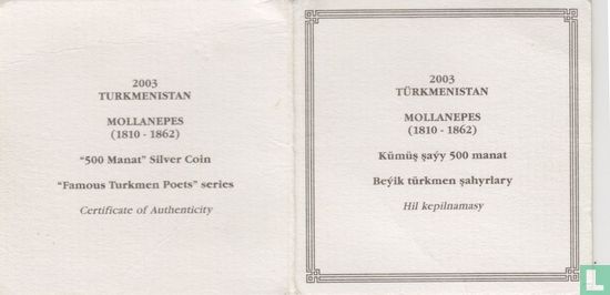 Turkménistan 500 manat 2003 (BE) "Mollanepes"  - Image 3