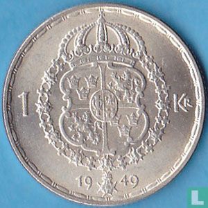 Zweden 1 krona 1949 (9 met rechte uitloop) - Afbeelding 1