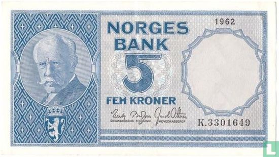 Noorwegen 5 Kroner 1962 - Afbeelding 1