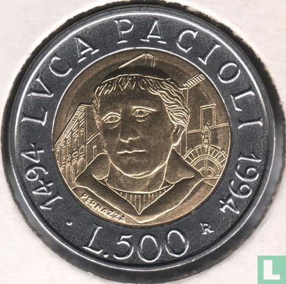 Italien 500 Lire 1994 "500th anniversary Publication of mathematical work by Luca Pacioli" - Bild 1