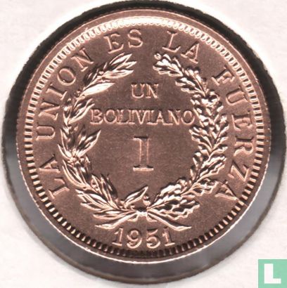 Bolivia 1 boliviano 1951 (zonder muntteken) - Afbeelding 1