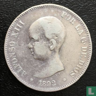 Spain 5 pesetas 1892 (type 1) - Image 1