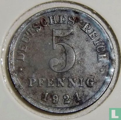 Duitse Rijk 5 pfennig 1921 (F) - Afbeelding 1