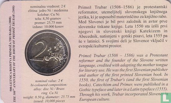 Slovénie 2 euro 2008 (coincard) "500th anniversary Birth of Primoz Trubar" - Image 2