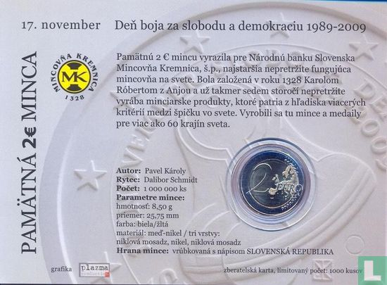 Slowakije 2 euro 2009 (coincard) "20th anniversary of 17th November 1989" - Afbeelding 2