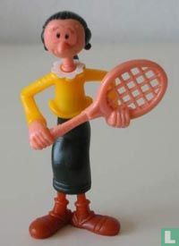 Olive with a yellow sweater tennis racket
