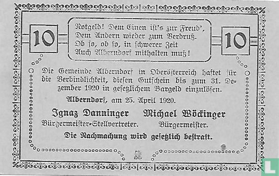 Alberndorf 10 Heller 1920 - Image 2