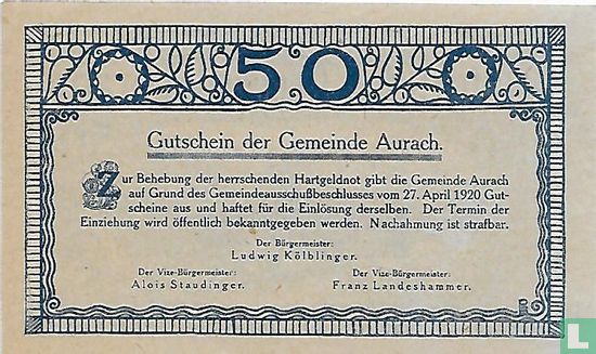 Aurach 50 Heller 1920 - Afbeelding 2