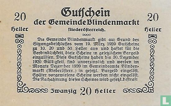 Blindenmarkt 20 Heller 1920 - Image 2