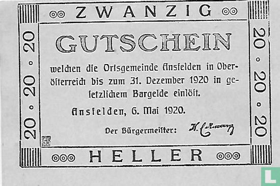 Ansfelden 20 Heller 1920 - Afbeelding 2