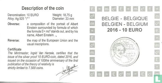 België 10 euro 2016 (PROOF) "100 years General Theory of Relativity of Albert Einstein" - Afbeelding 3
