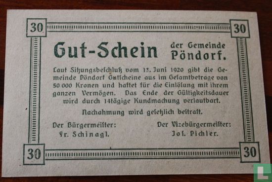 Pöndorf 30 Heller 1920 - Afbeelding 1