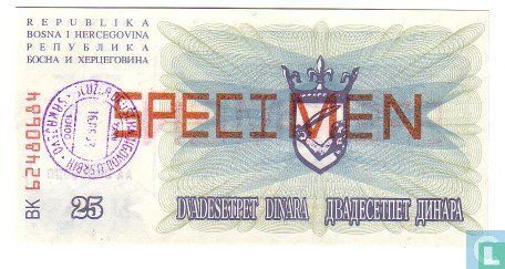Bosnie-Herzégovine 25 Dinara 1992 (Specimen) - Image 2