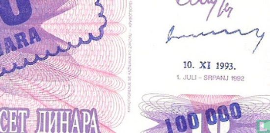 Bosnien und Herzegowina 100.000 Dinara 1993 (P34b) - Bild 3