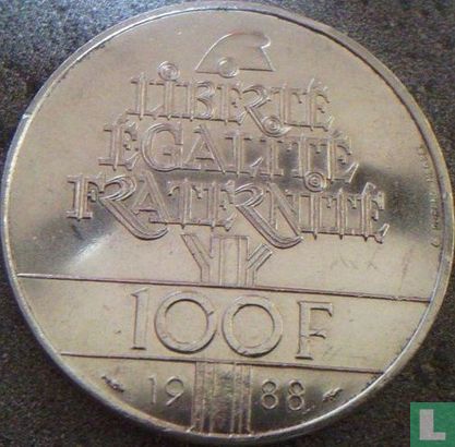 Frankreich 100 Franc 1988 (PP - Silber) "Fraternity" - Bild 1