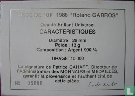 France 10 francs 1988 (silver) "100th anniversary Birth of Roland Garros" - Image 3