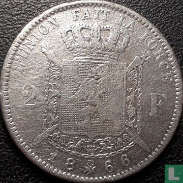 België 2 francs 1866 (zonder kruis op kroon) - Afbeelding 1