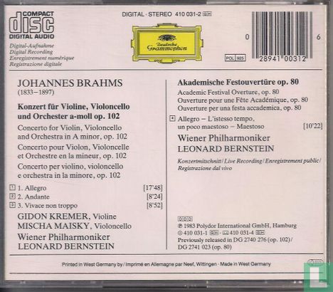 Brahms: Doppelkonzert, Violine Konzert op.102, Akademische Festouvertüre op. 80 - Afbeelding 2
