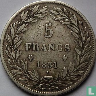 Frankrijk 5 francs 1831 (Tekst incuse - Bloot hoofd - Q) - Afbeelding 1
