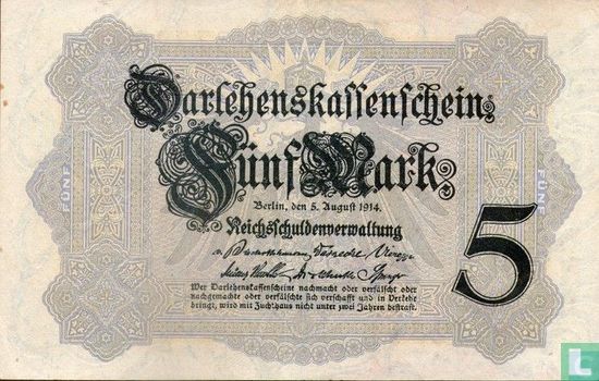 Reichsschuldenverwaltung, 5 Mark 1914 (P.47 - Ros.48b - Afbeelding 1