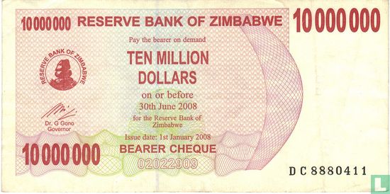 Zimbabwe 10 Million Dollars 2008 (P55b) - Afbeelding 1