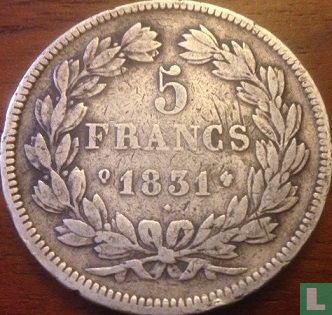 Frankreich 5 Franc 1831 (Vertieften Text -  - Eichenbekränzte Haupt - Q) - Bild 1
